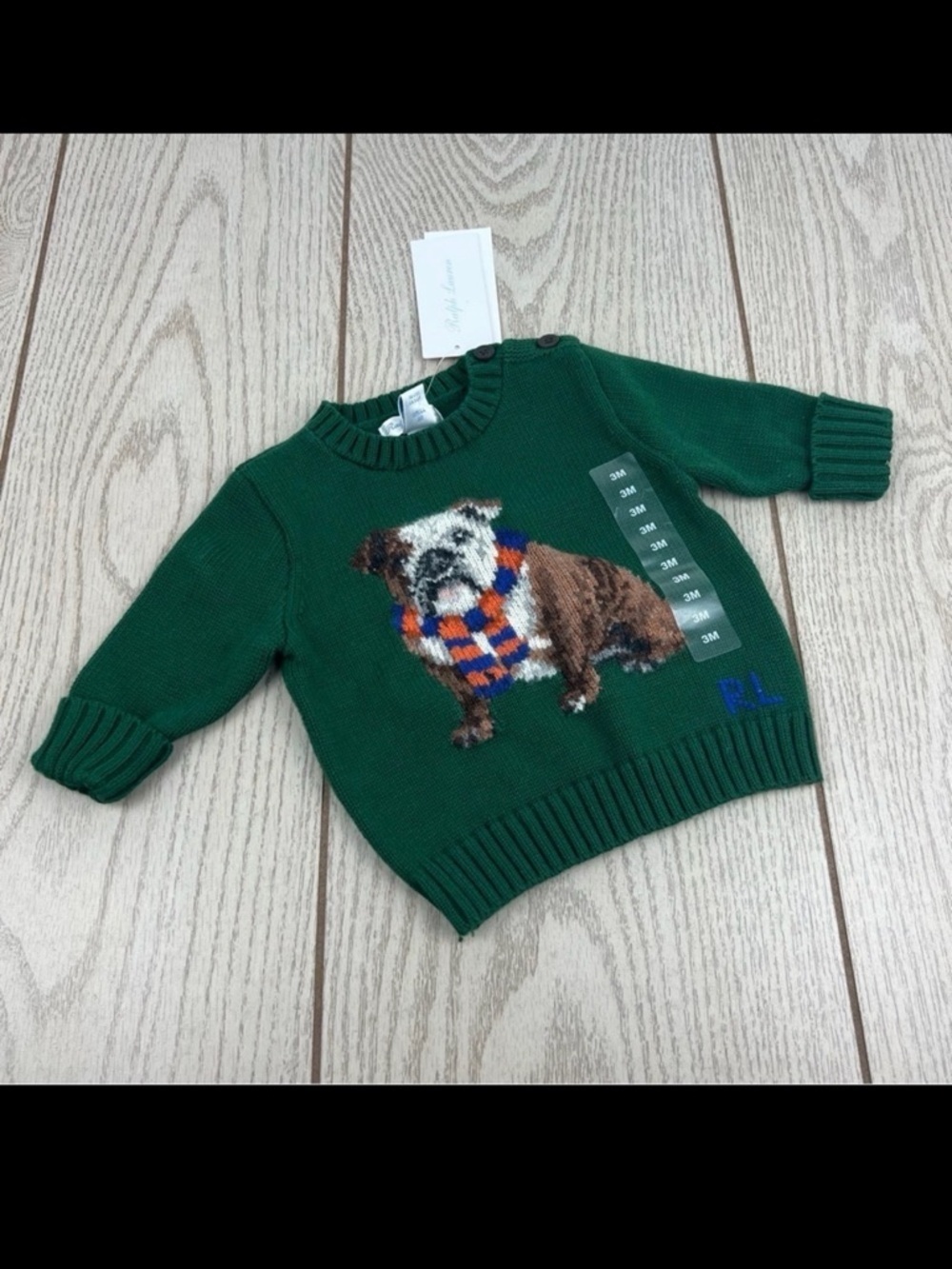 Polo Ralph Lauren Boy's Dog Intarsia Sweater 3M Green $145 Bulldog Striped Scarf